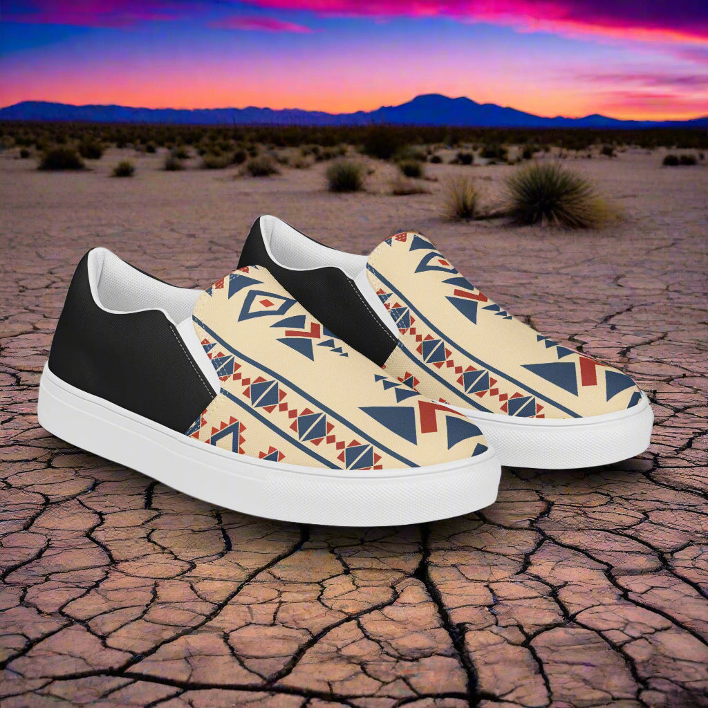 Slip-on Canvas Shoes Desert Sol Halftone with colorful geometric pattern against a desert backdrop