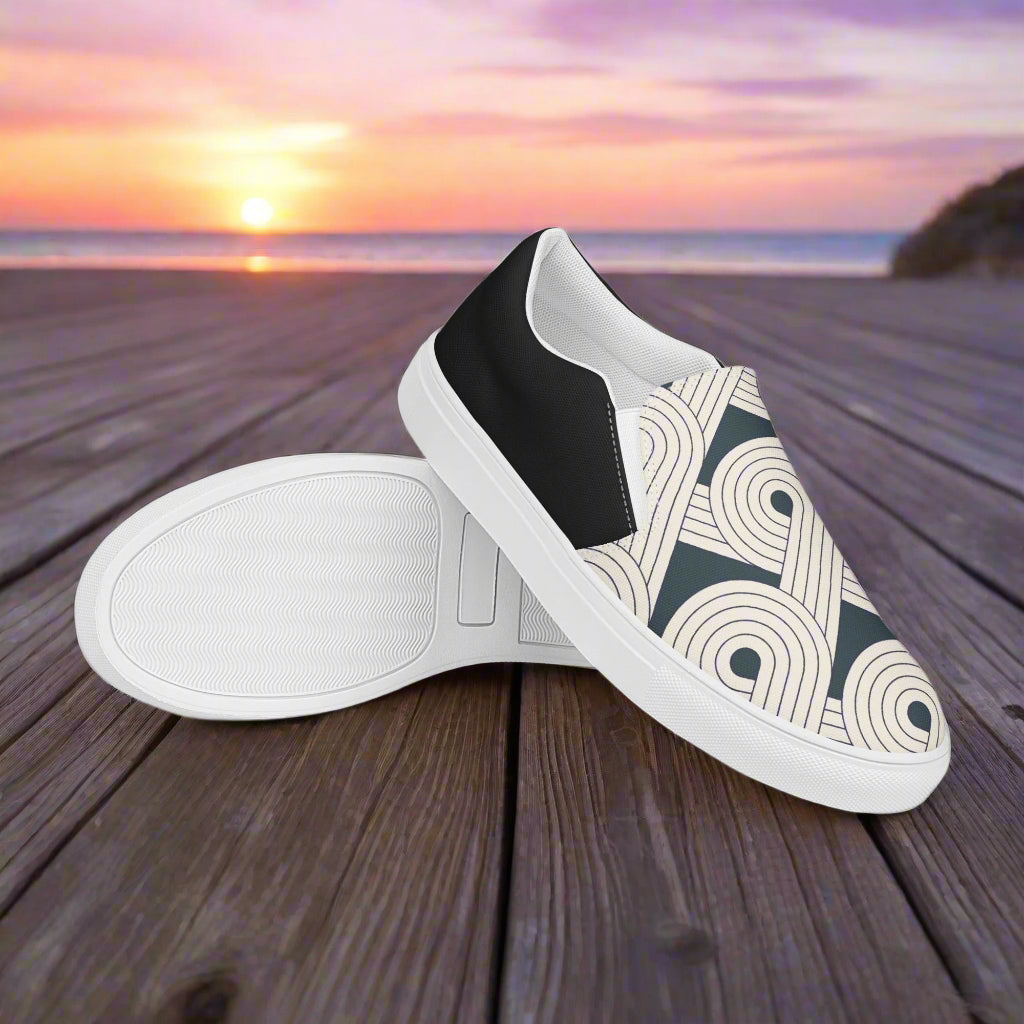 Slip-on Canvas Shoes Dream Cloud Halftone with stylish geometric design on a beach sunset background