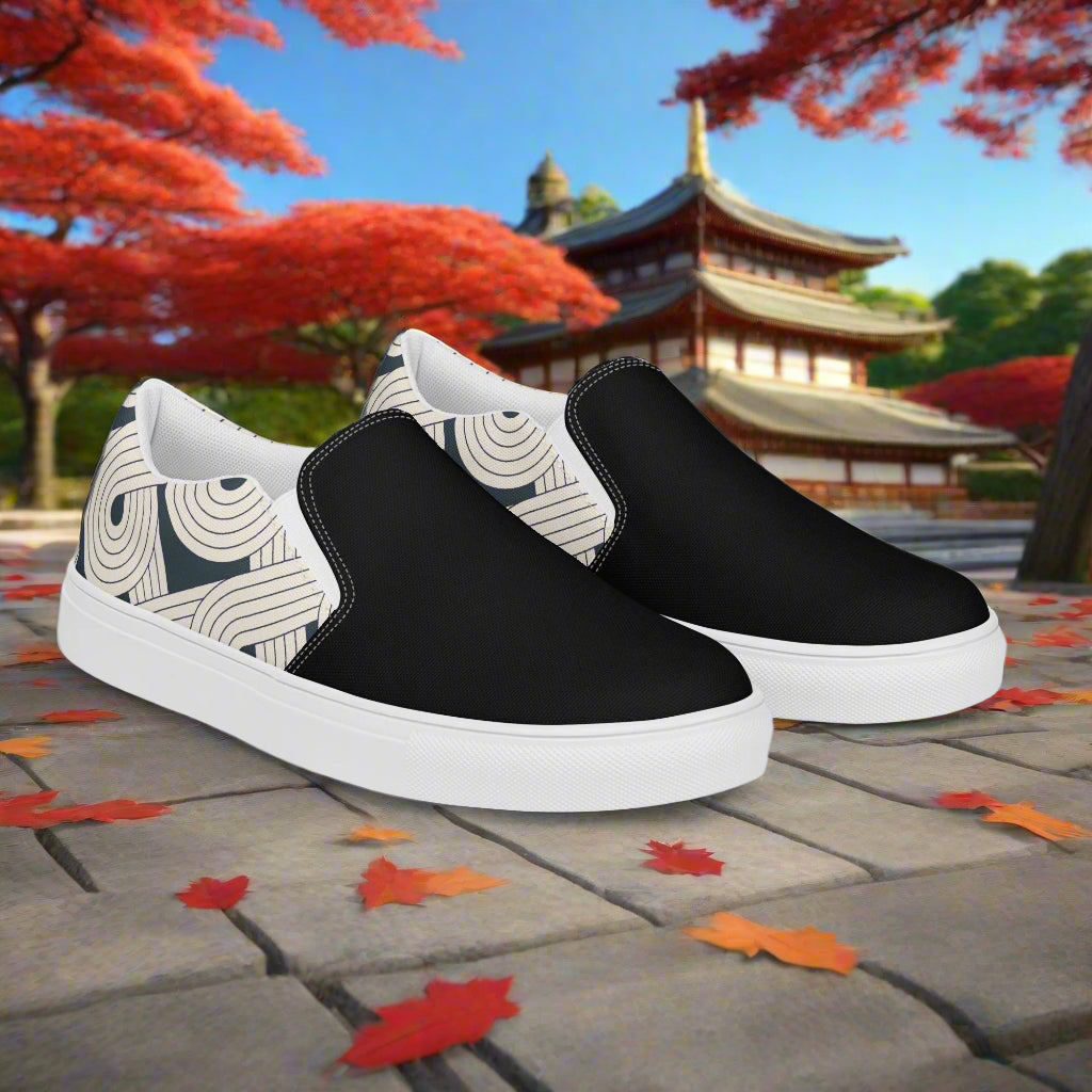 WildSage Market Slip-on Canvas Shoes Dream Cloud Two Tone with stylish black and patterned accents