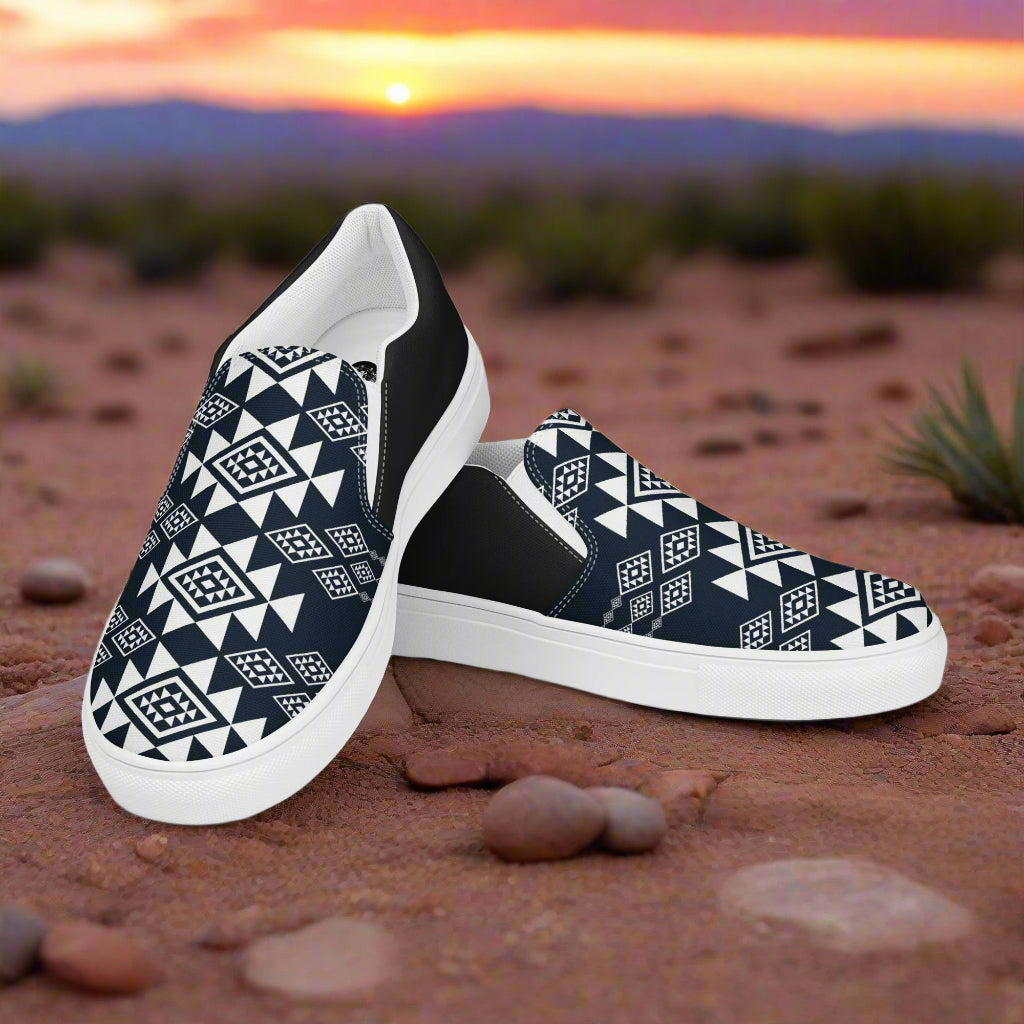 WildSage Market Slip-on Canvas Shoes Durango Halftone with unique geometric pattern in desert setting