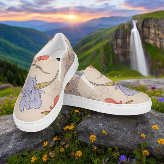 Slip-on Canvas Shoes Floral Print - Iris featuring a beautiful floral design in a scenic outdoor setting