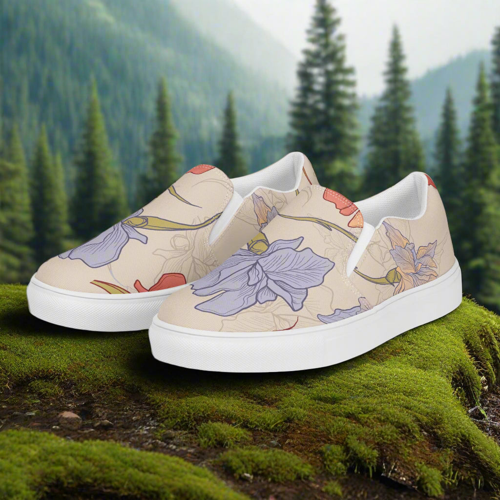Slip-on Canvas Shoes Floral Print - Iris featuring a botanical design with purple and orange flowers