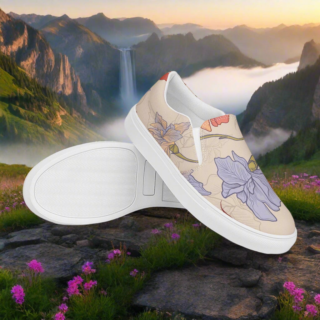 Slip-on Canvas Shoes Floral Print - Iris with a scenic mountain background and colorful floral design