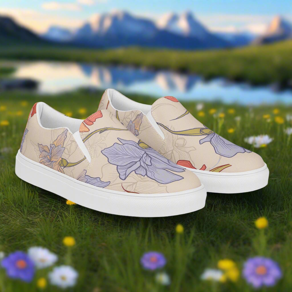 WildSage Market Slip-on Canvas Shoes Floral Print - Iris with vibrant flowers on a scenic background