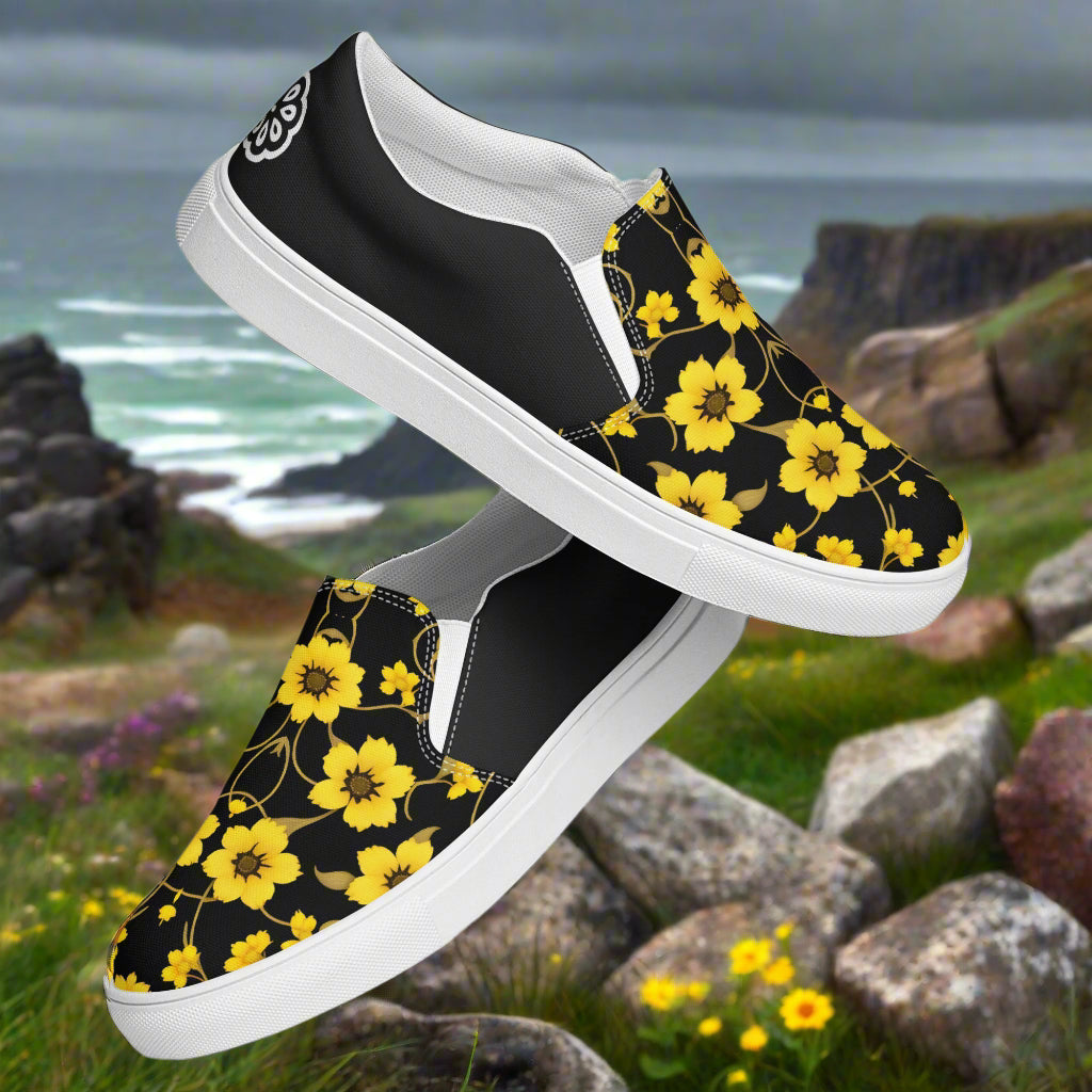 WildSage Market Slip-on Canvas Shoes Floral Yellow Bloom Halftone with Stylish Black Design