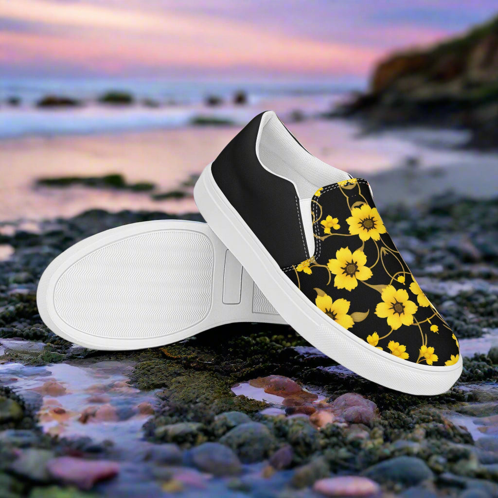 WildSage Market Slip-on Canvas Shoes Floral Yellow Bloom Halftone design on a beach setting