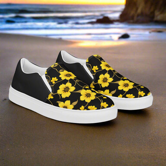 WildSage Market Slip-on Canvas Shoes Floral Yellow Bloom Halftone with Black Accents on a Beach Background