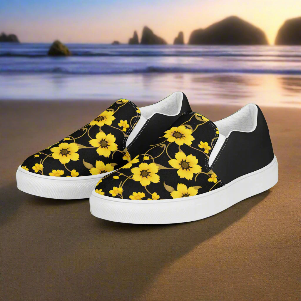 WildSage Market Slip-on Canvas Shoes Floral Yellow Bloom Halftone with Stylish Floral Design