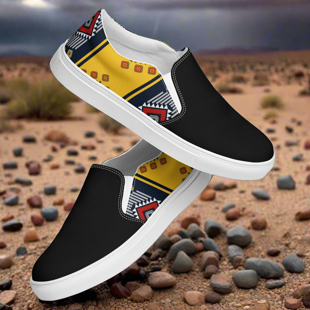Slip-on Canvas Shoes Kaibito Two Tone in black with vibrant tribal pattern accents for stylish comfort