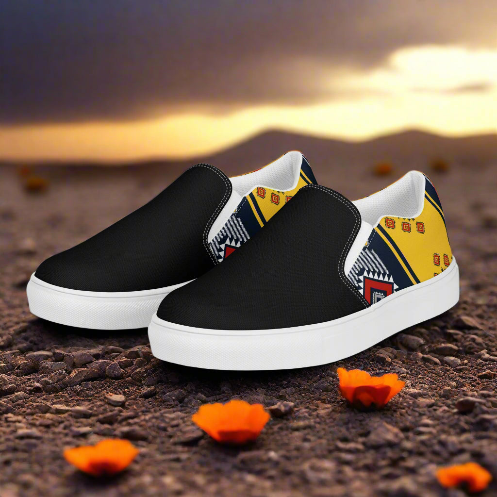 Slip-on Canvas Shoes Kaibito Two Tone in black and yellow with unique geometric patterns for casual wear