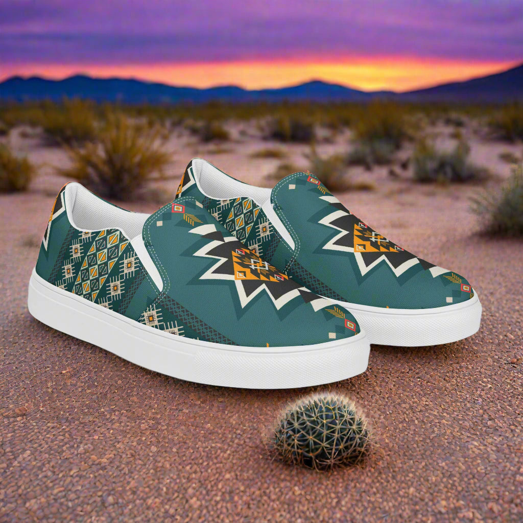 Slip-on Canvas Shoes Kiva Southwest Print with vibrant patterns on a desert background
