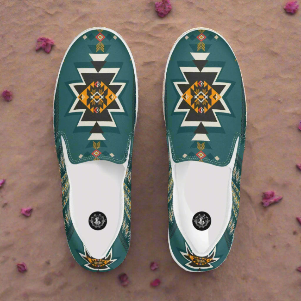 WildSage Market Slip-on Canvas Shoes Kiva Southwest Print featuring vibrant geometric patterns