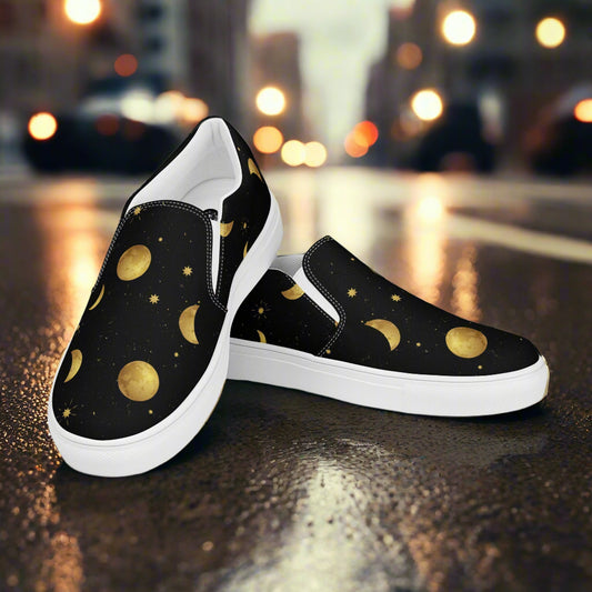 Slip-on Canvas Shoes - Moonstar Print featuring a vibrant lunar design on a stylish black background