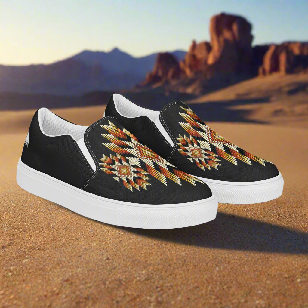 WildSage Market Slip-on Canvas Shoes Night Sky Halftone with unique tribal patterns on a desert background