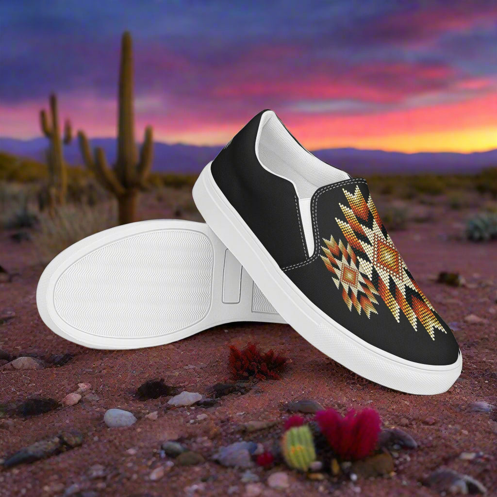 WildSage Market Slip-on Canvas Shoes Night Sky Halftone with vibrant tribal pattern on a desert background