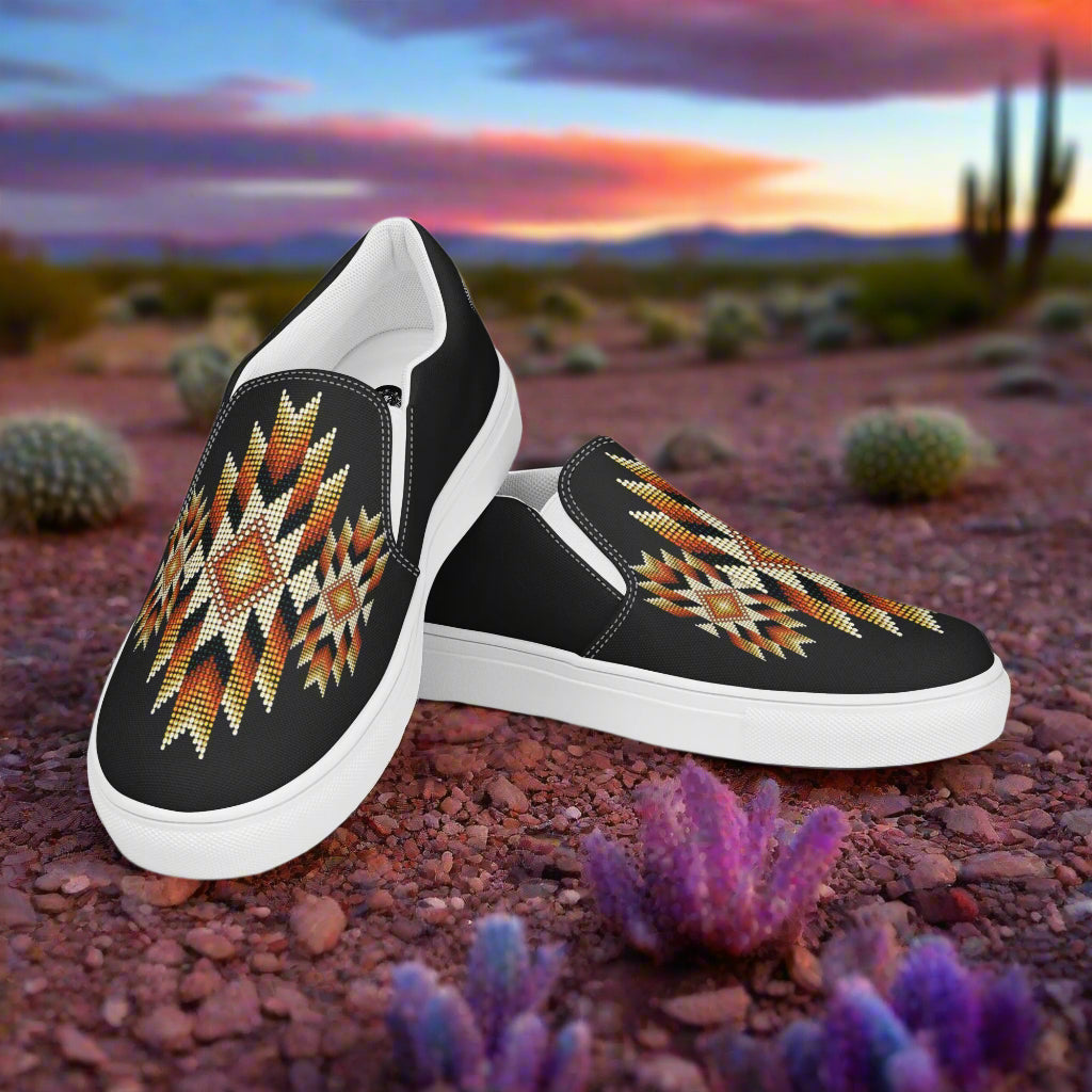 WildSage Market Slip-on Canvas Shoes Night Sky Halftone with colorful geometric patterns in a desert setting