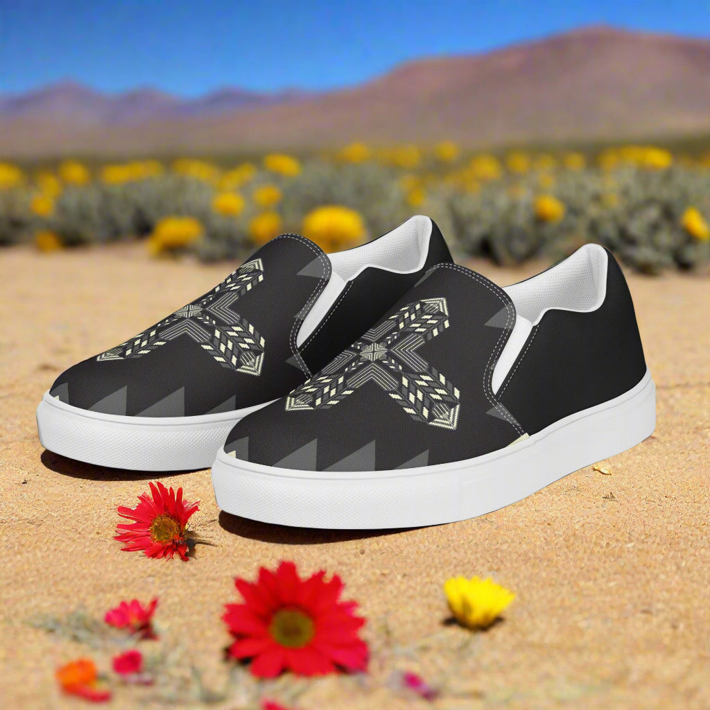 WildSage Market Slip-on Canvas Shoes Oljato Halftone with vibrant design on a sandy background