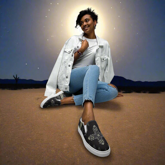 Model wearing Slip-on Canvas Shoes Oljato Southwest Pattern with stylish denim and a jacket