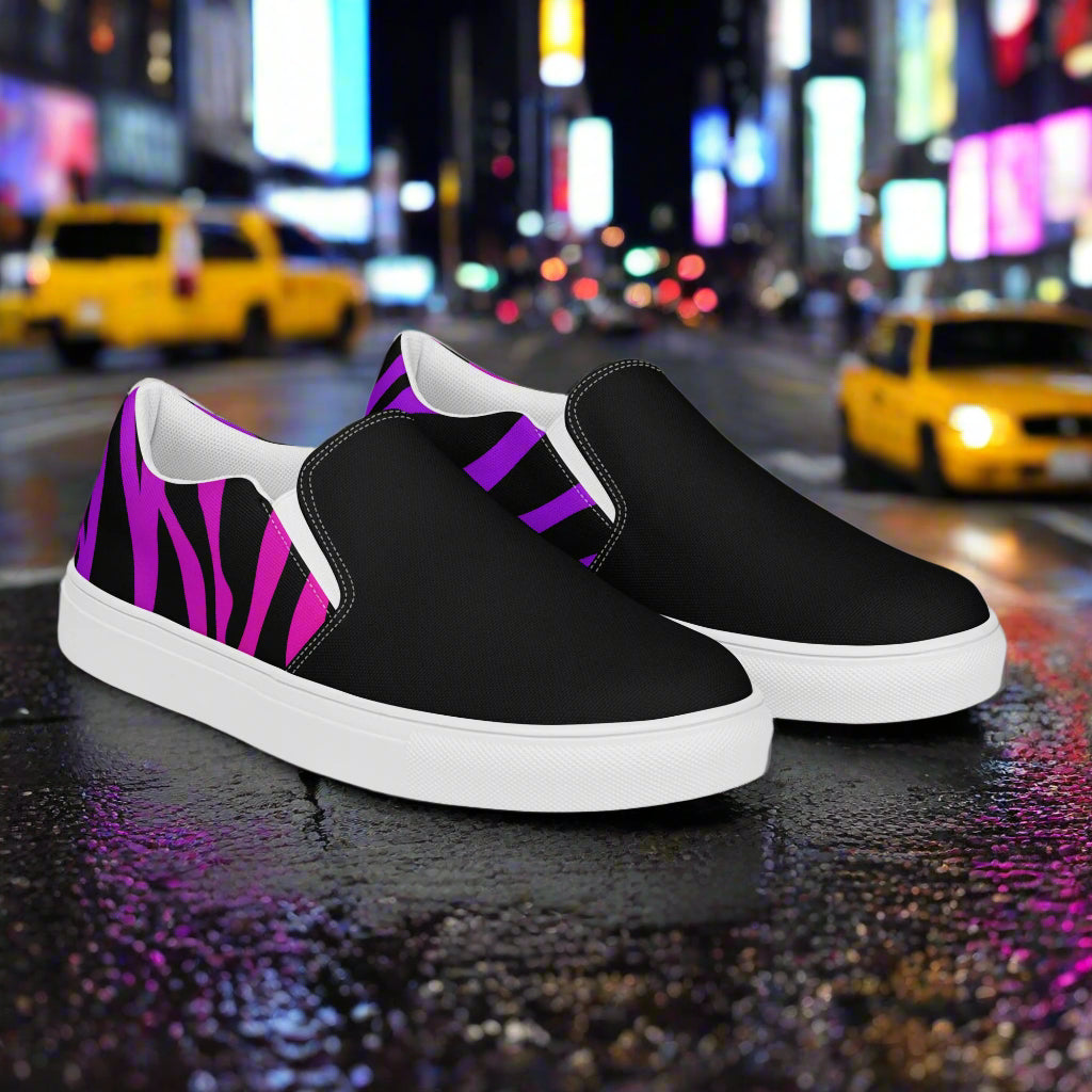 Slip-on Canvas Shoes Purple Zebra Two Tone with vibrant zebra pattern and comfortable fit for casual wear