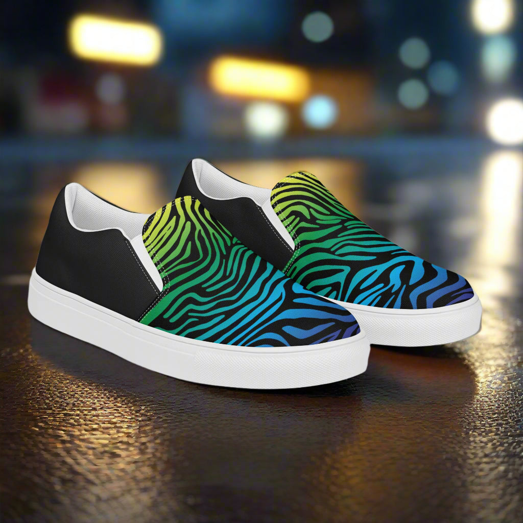 Slip-on Canvas Shoes Rainbow Zebra Halftone featuring vibrant black and colorful zebra print design