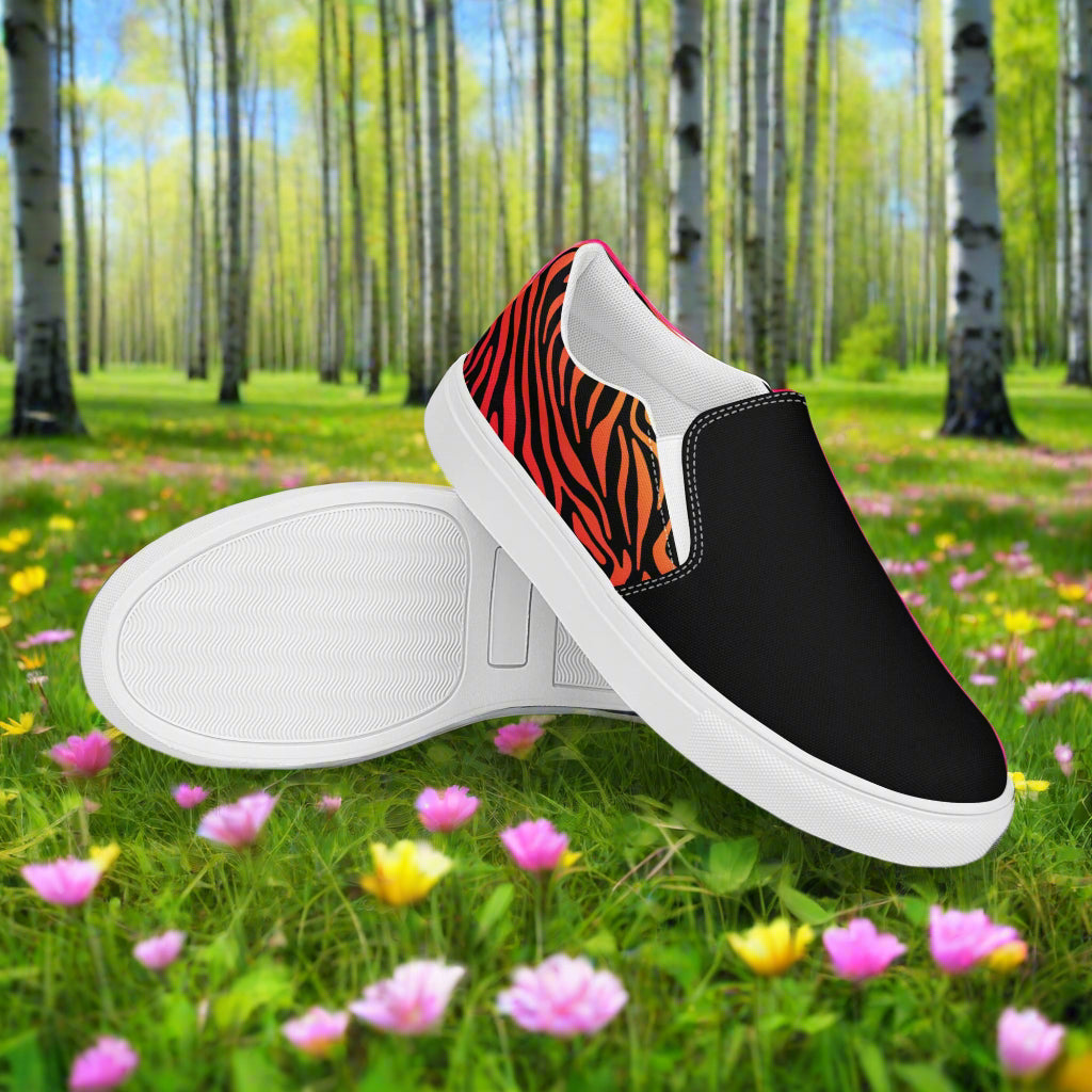 Slip-on Canvas Shoes Rainbow Zebra Two Tone with a stylish black and zebra striped design for casual wear