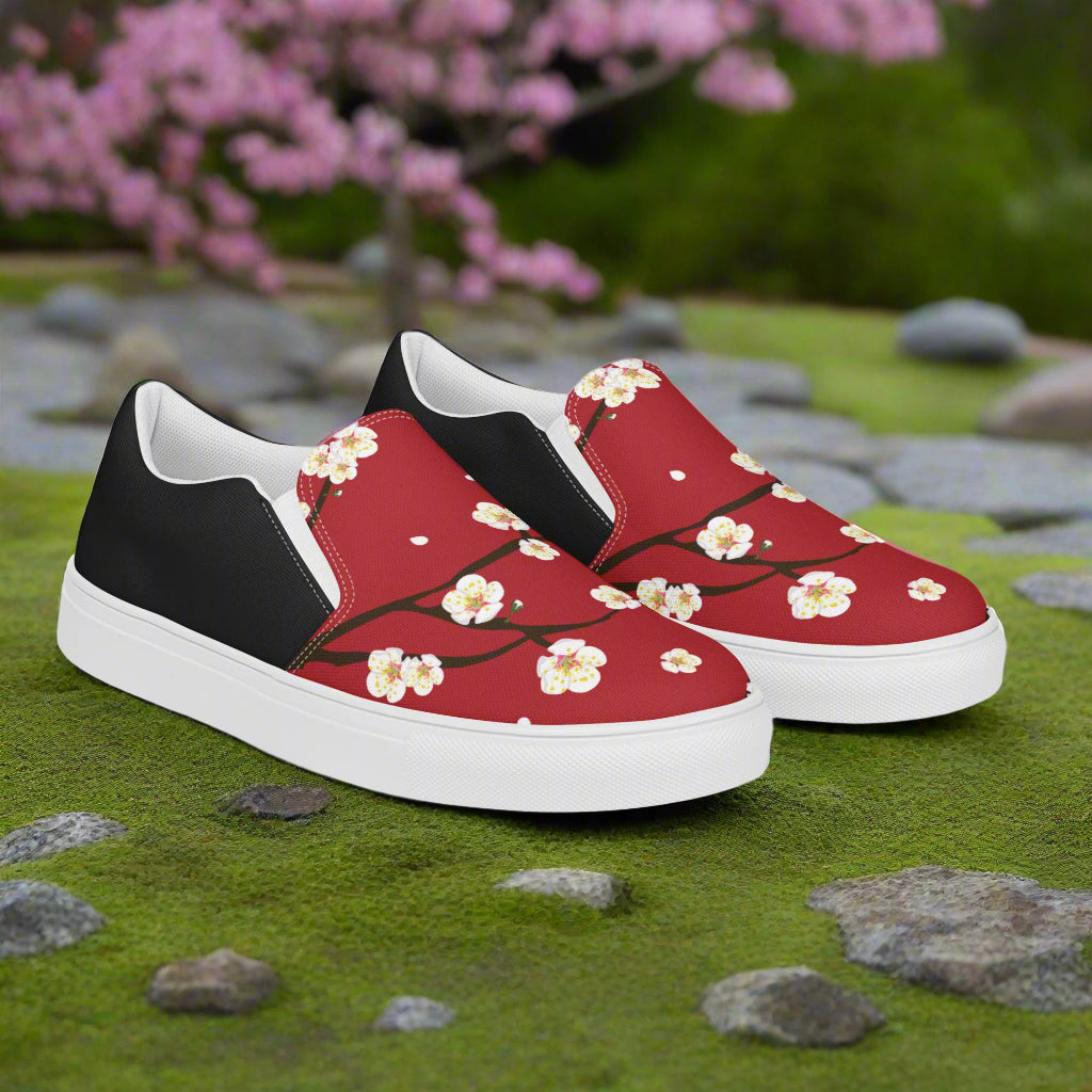 Stylish Slip-on Canvas Shoes Red Blossom Halftone with a Floral Design Perfect for Casual Wear