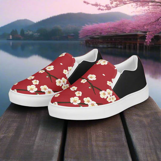 Slip-on Canvas Shoes Red Blossom Halftone featuring a vibrant floral design against a scenic backdrop