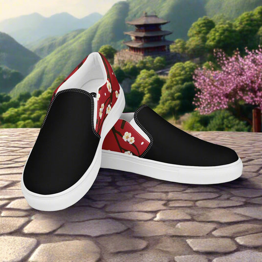 Slip-on Canvas Shoes Red Blossom Two Tone featuring black and floral design for stylish comfort