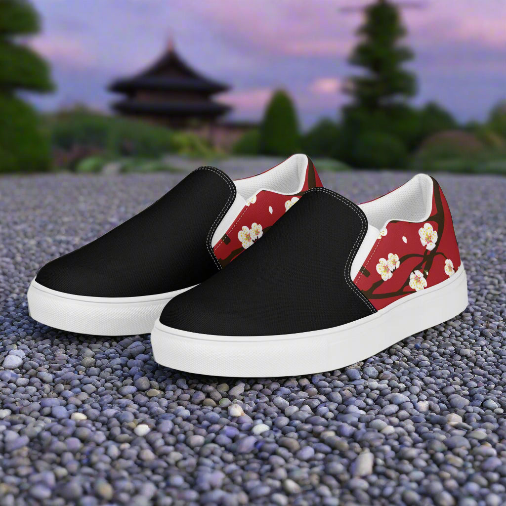 Slip-on Canvas Shoes Red Blossom Two Tone featuring floral design with black and red colors
