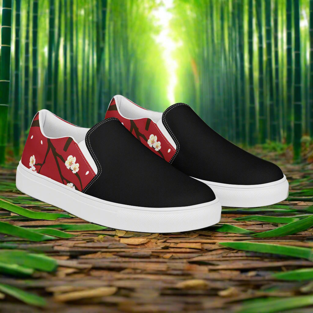 Slip-on Canvas Shoes Red Blossom Two Tone with a black front and floral design on the back