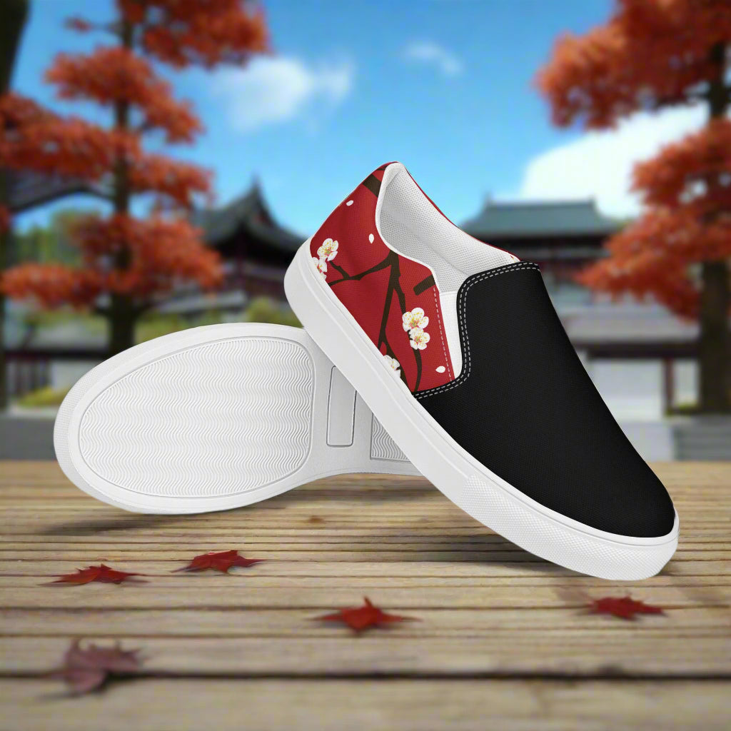 Slip-on Canvas Shoes Red Blossom Two Tone with a floral design and comfortable fit for casual wear