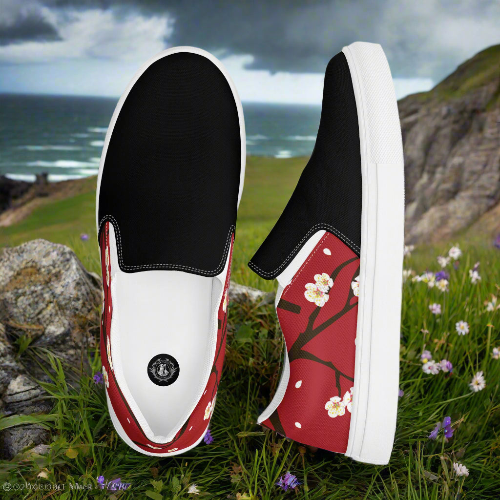 Slip-on Canvas Shoes Red Blossom Two Tone with a black upper and vibrant red floral design