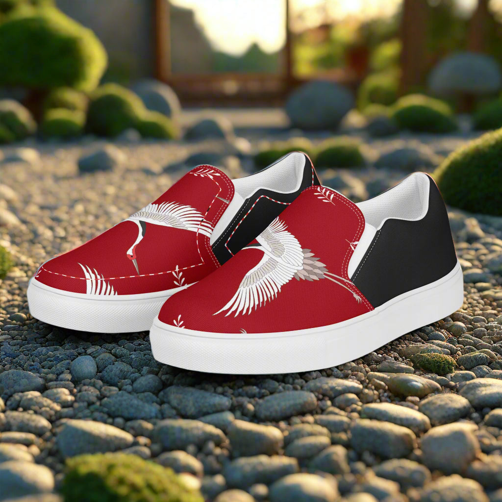 Slip-on Canvas Shoes Red Crane Halftone featuring a bold red design with crane graphics
