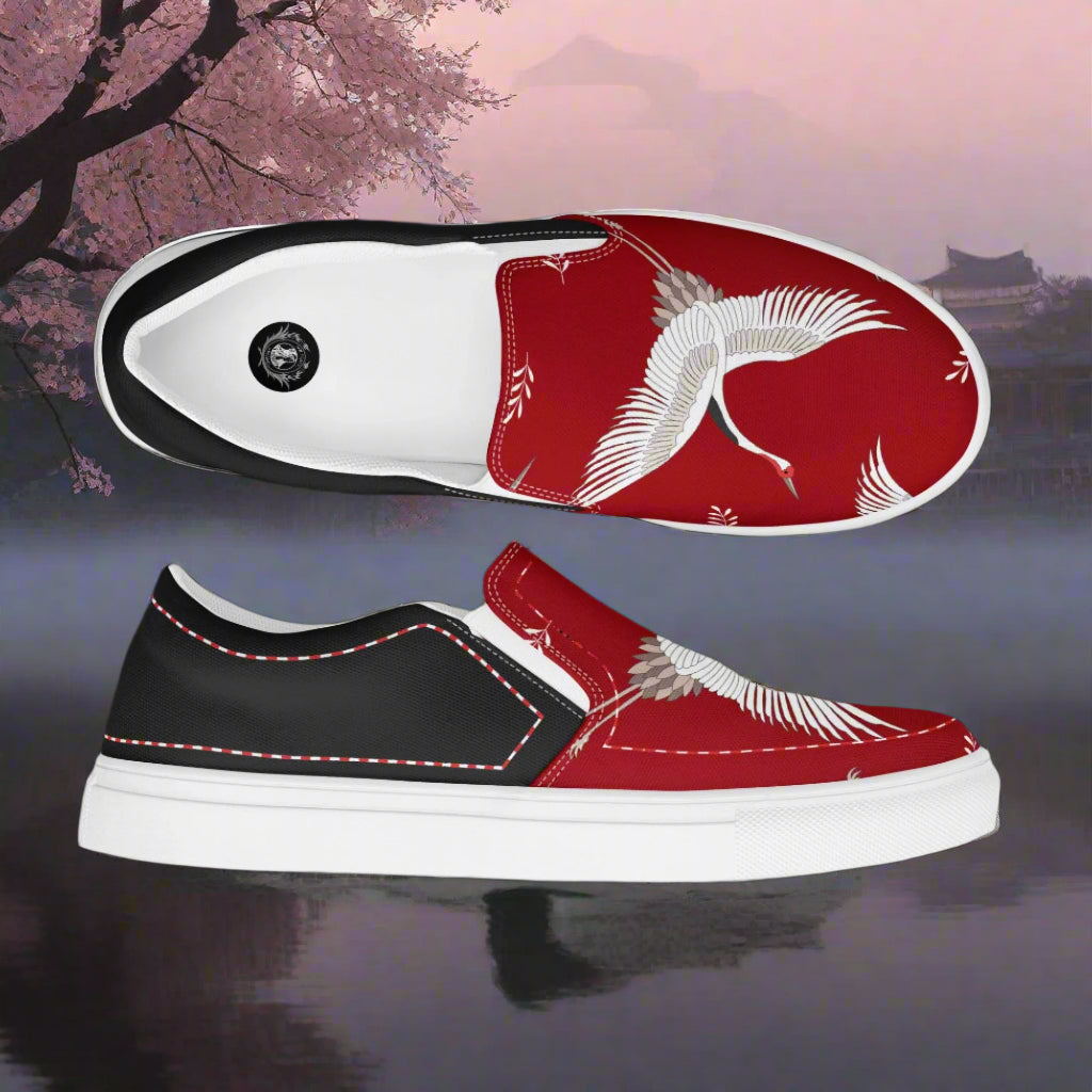 WildSage Market Slip-on Canvas Shoes Red Crane Halftone design with modern styling and comfort features