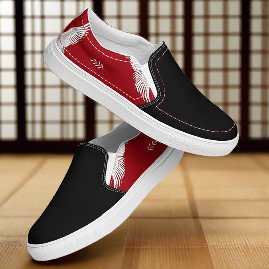Slip-on Canvas Shoes Red Crane Two Tone featuring a stylish black and red design with crane graphics