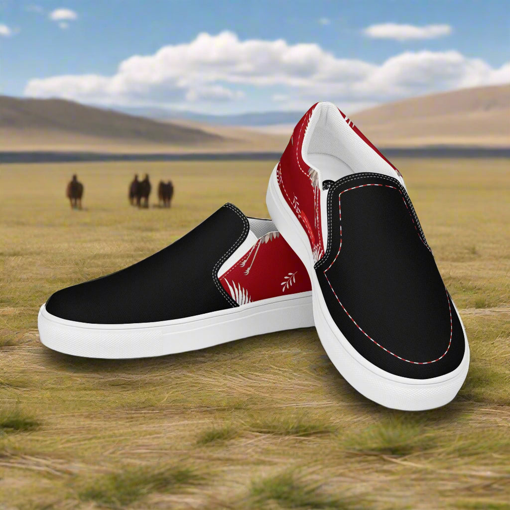 Slip-on Canvas Shoes Red Crane Two Tone featuring black and red design for casual wear