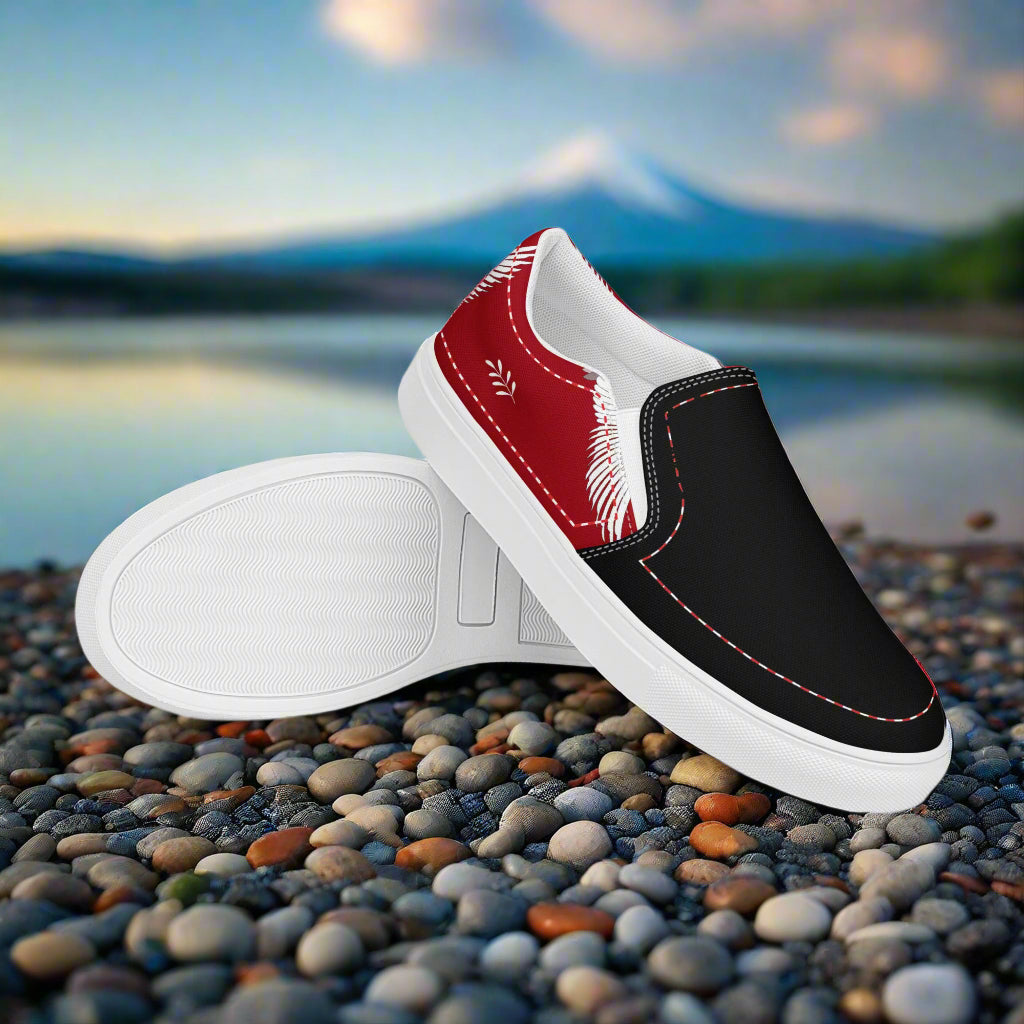 WildSage Market Slip-on Canvas Shoes Red Crane Two Tone with a stylish black and red design
