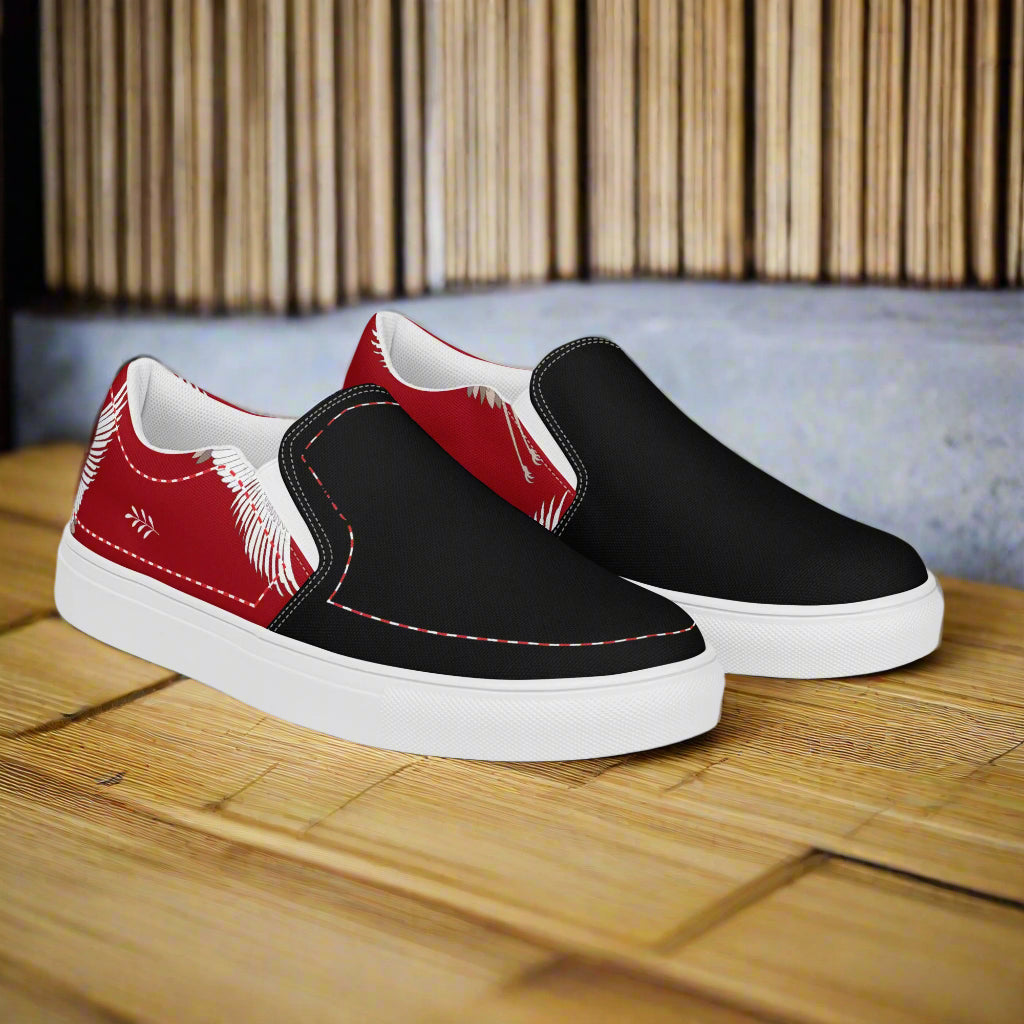 Slip-on Canvas Shoes Red Crane Two Tone with a stylish black and red design perfect for casual wear