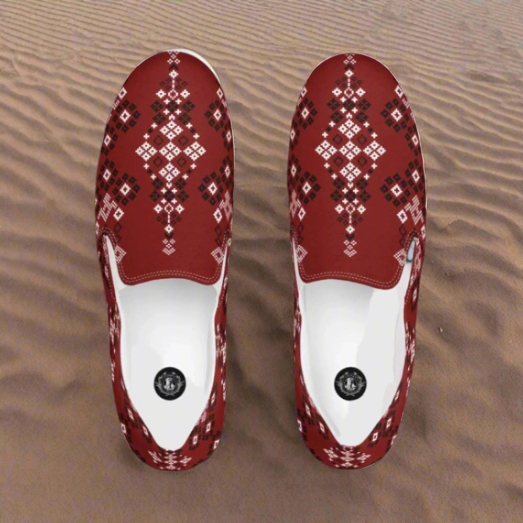 Slip-on Canvas Shoes Red Mesa Southwest Print with stylish geometric patterns for casual wear