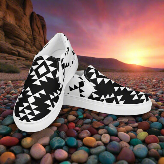 Slip-on Canvas Shoes Sonora Reverse Two Tone in Black and White Tribal Pattern for Casual Style