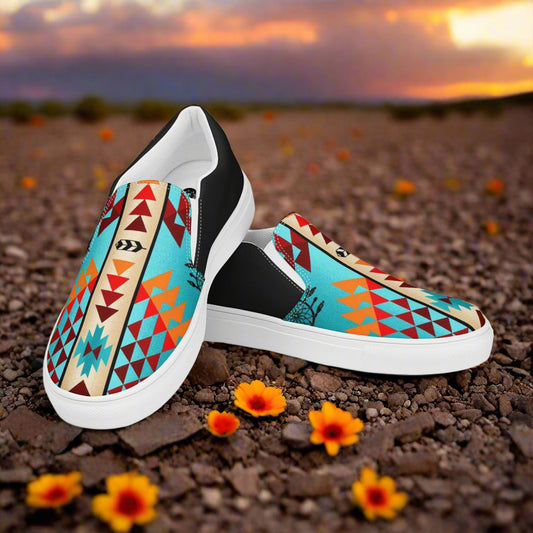 Slip-on Canvas Shoes Taos Halftone with Colorful Geometric Design on a Scenic Background