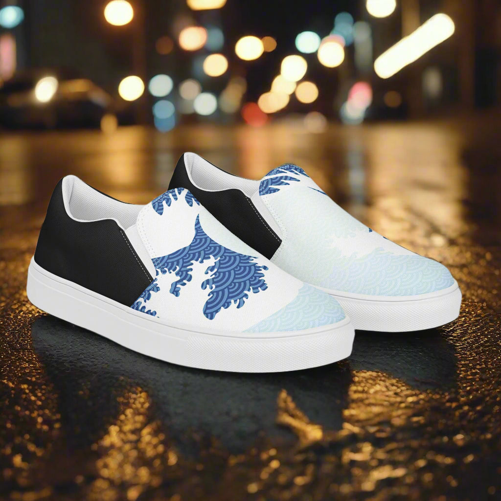 WildSage Market Slip-on Canvas Shoes Tsunami Sky Halftone featuring a vibrant ocean wave design