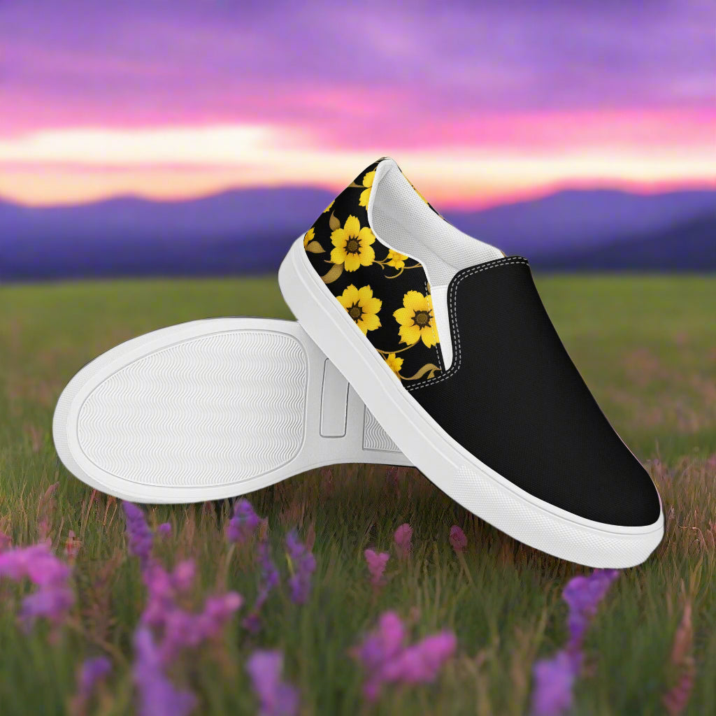 Slip-on Canvas Shoes Yellow Bloom Two Tone featuring a floral design on a black background