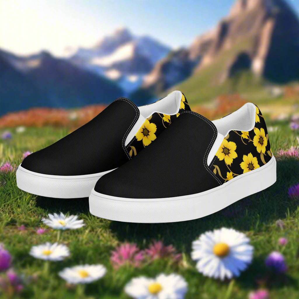 Slip-on Canvas Shoes Yellow Bloom Two Tone with Black and Yellow Floral Design for Casual Wear