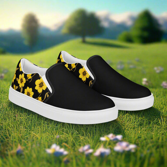 Slip-on Canvas Shoes Yellow Bloom Two Tone with black and floral design ideal for casual outings