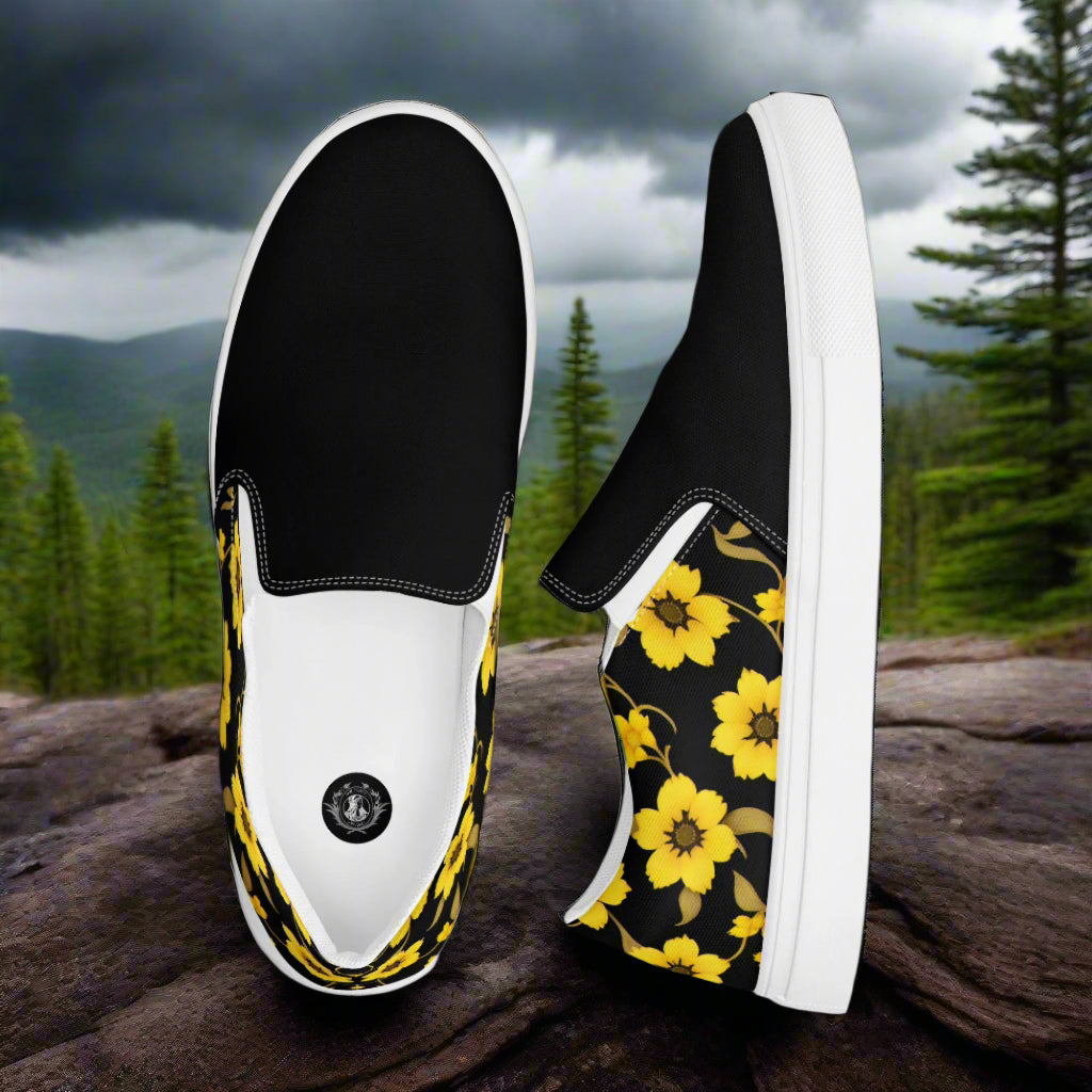 Slip-on Canvas Shoes Yellow Bloom Two Tone with Black and Yellow Floral Design for Comfortable Wear