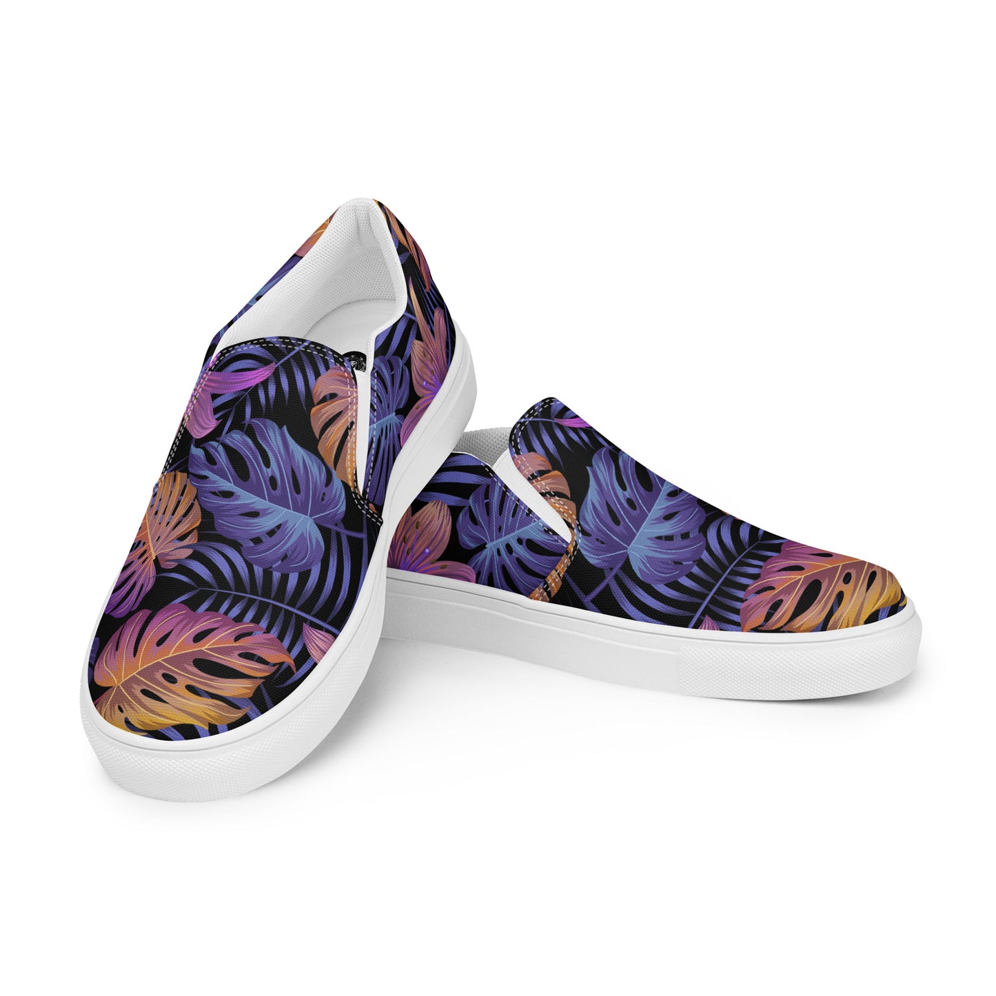 WildSage Market Slip-on Floral Print Canvas Shoes with Vibrant Leaf Design on Black Background