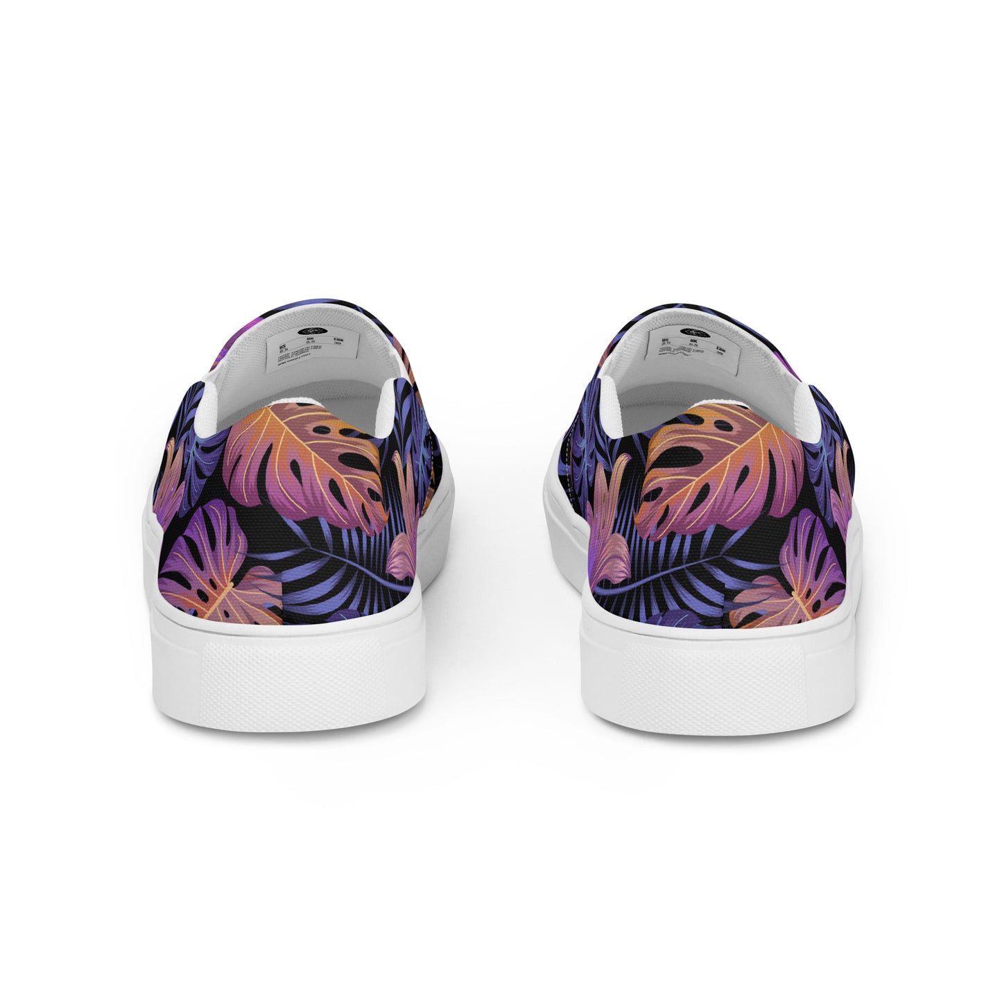 WildSage Market Slip-on Floral Print Canvas Shoes with vibrant tropical leaves design on a black background