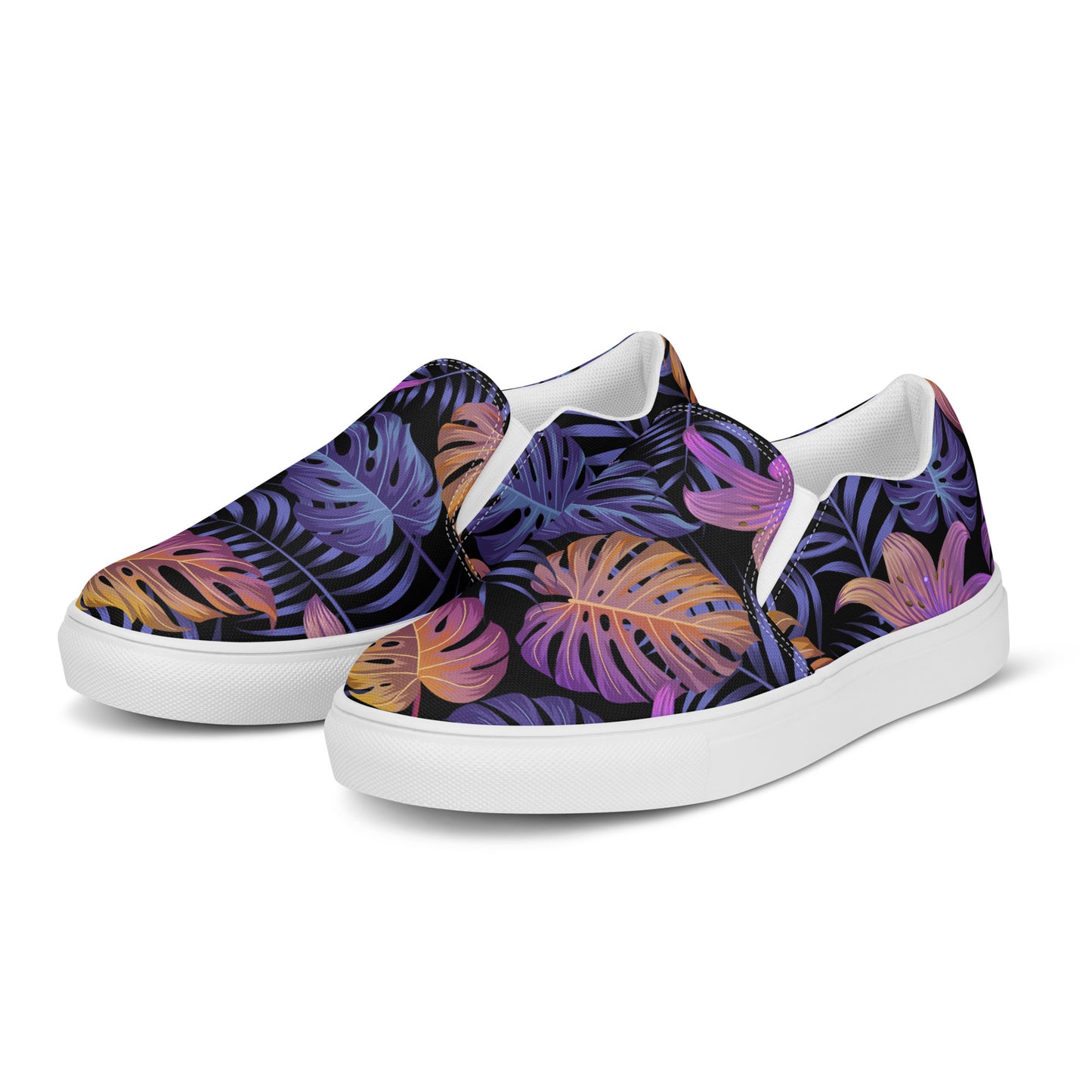 Slip-on Floral Print Canvas Shoes featuring vibrant tropical leaves in purple and orange colors