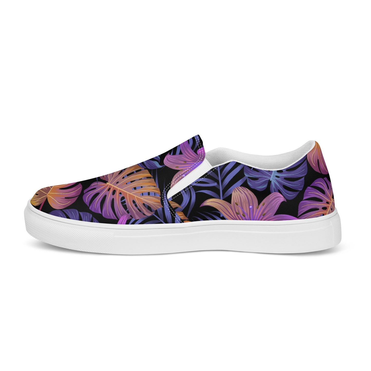 WildSage Market Slip-on Floral Print Canvas Shoes with vibrant tropical patterns on a black background